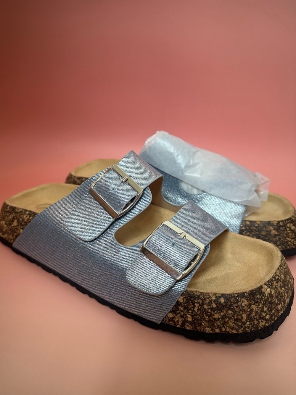 Cape Robbin Blue Metallic Silver Denim Finish Double-Buckle  Sandals Sz 10 NWB